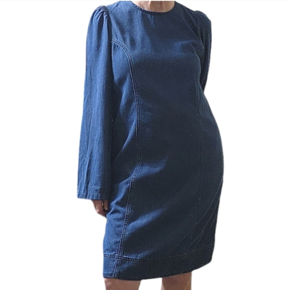 Boden Chambray Puff Sleeve Seamed Midi Dress sz 6 blue